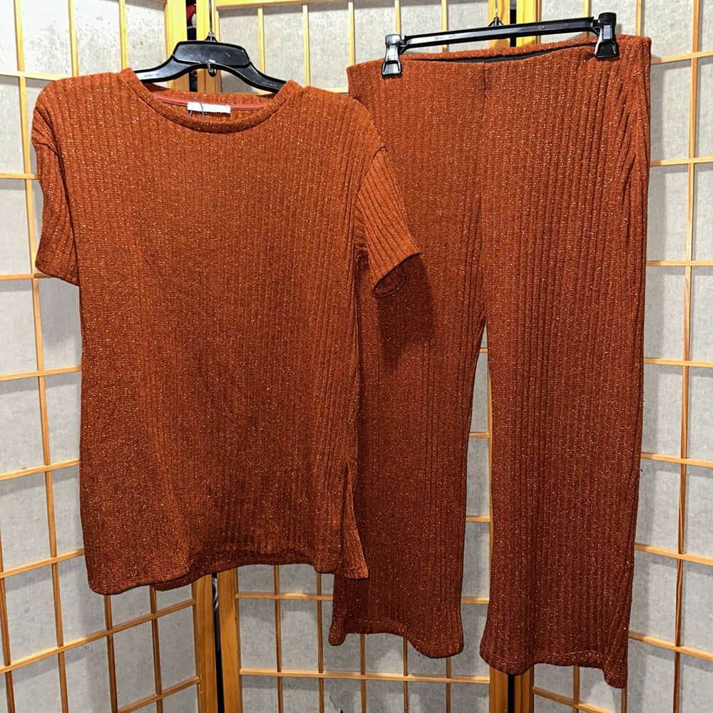 Rust Ribbed Glitter Knit Top and Pants Set